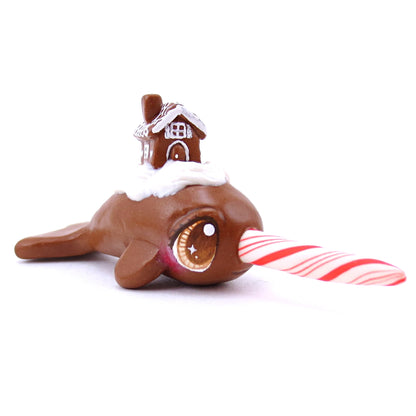 Gingerbread House Narwhal Figurine - Polymer Clay Christmas Animals