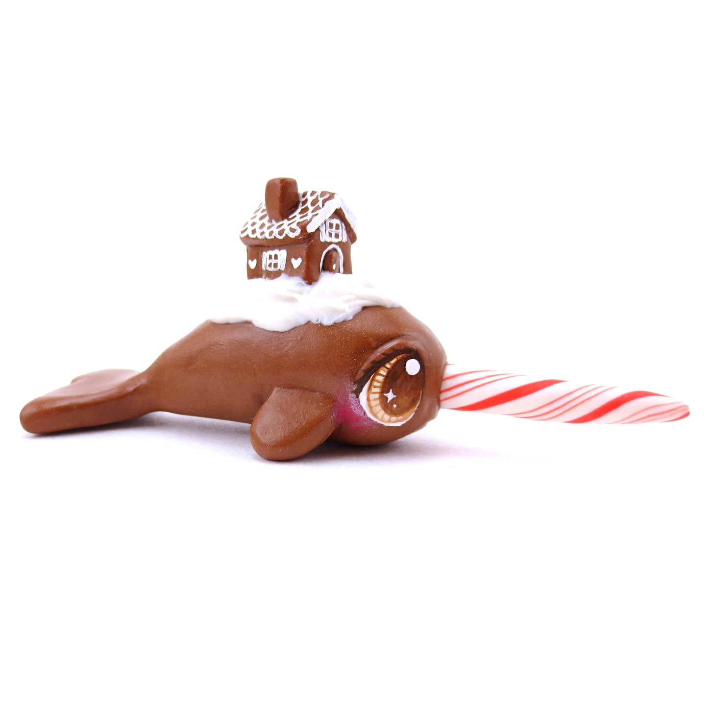 Gingerbread House Narwhal Figurine - Polymer Clay Christmas Animals