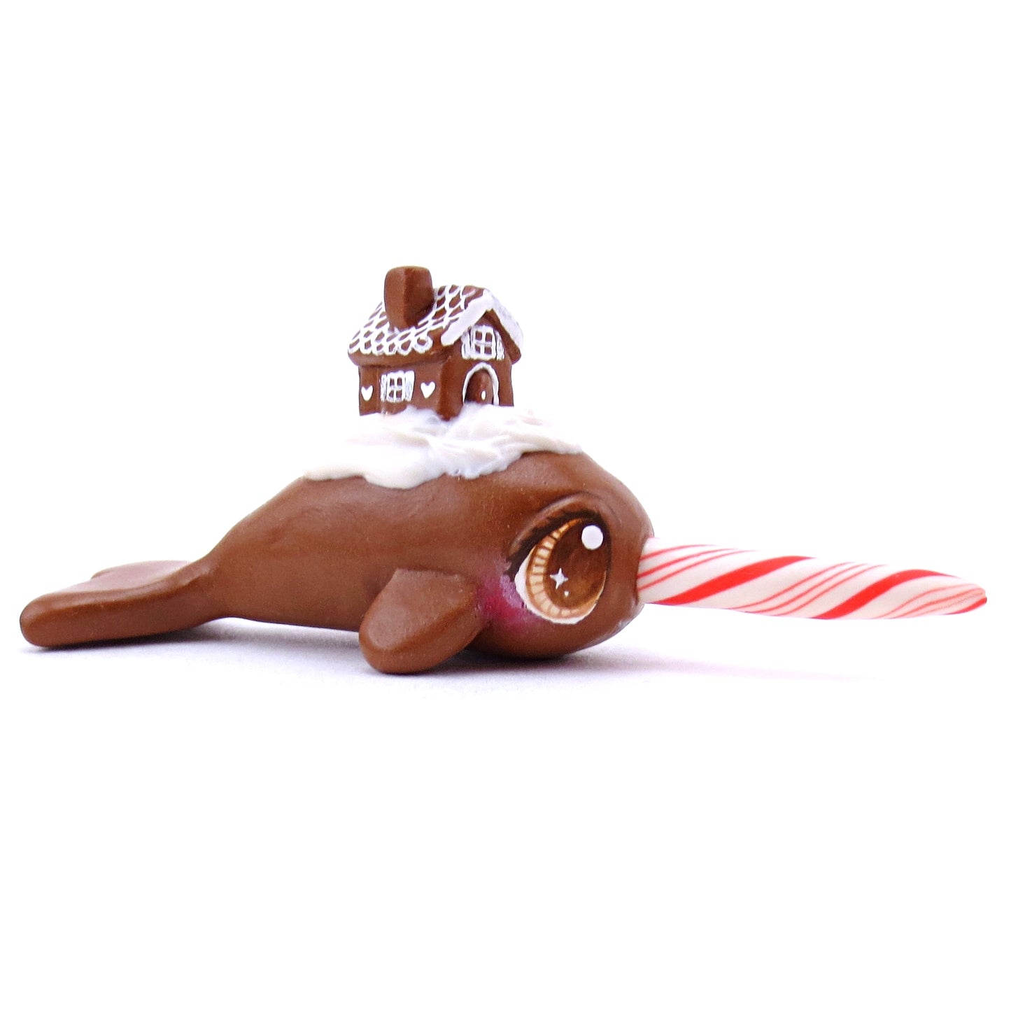 Gingerbread House Narwhal Figurine - Polymer Clay Christmas Animals