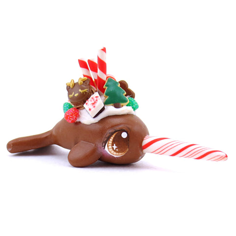 Gingerbread Dessert Narwhal Figurine - Polymer Clay Christmas Animals