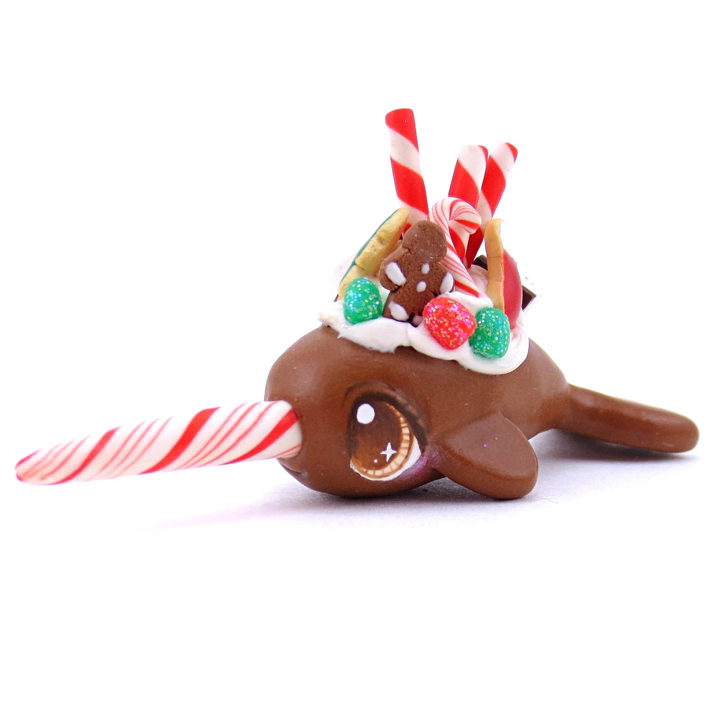 Gingerbread Dessert Narwhal Figurine - Polymer Clay Christmas Animals