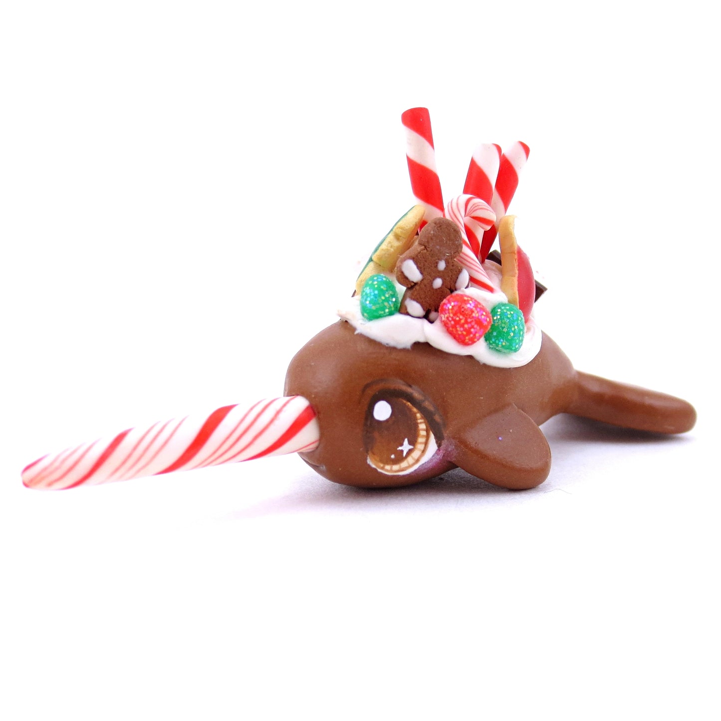 Gingerbread Dessert Narwhal Figurine - Polymer Clay Christmas Animals