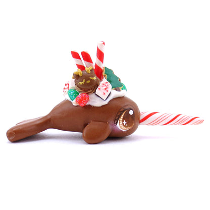 Gingerbread Dessert Narwhal Figurine - Polymer Clay Christmas Animals