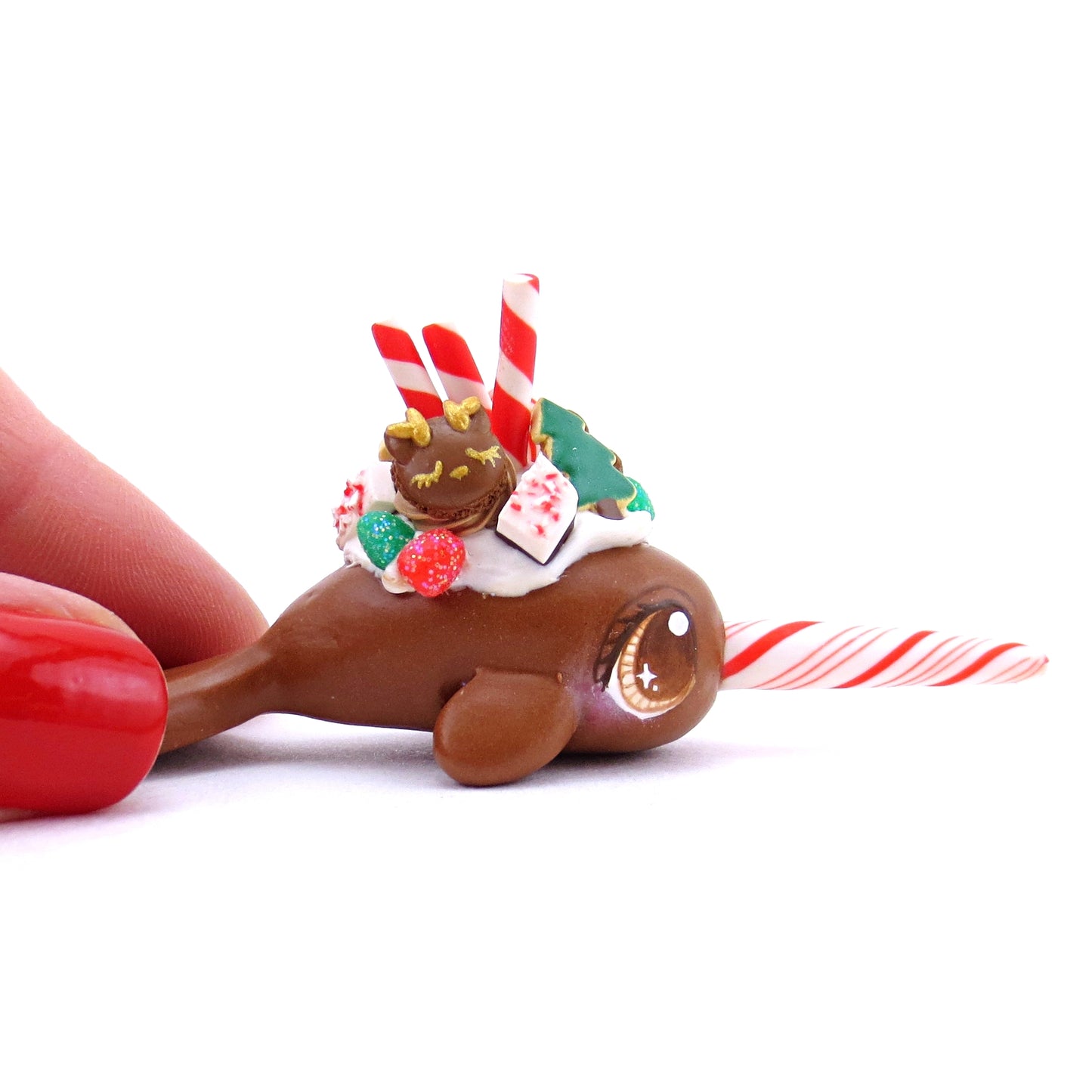 Gingerbread Dessert Narwhal Figurine - Polymer Clay Christmas Animals