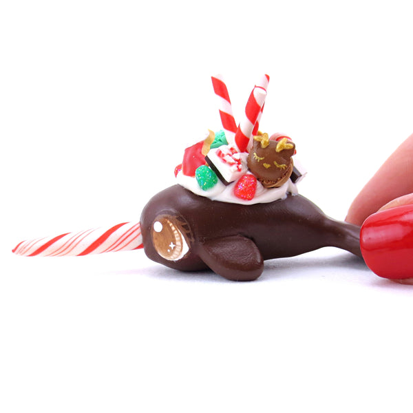 Dark Chocolate Christmas Dessert Narwhal Figurine - Polymer Clay Christmas Animals