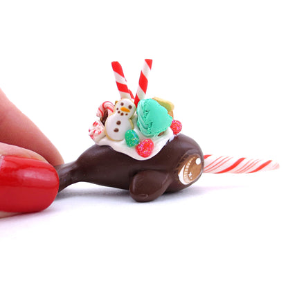 Dark Chocolate Christmas Dessert Narwhal Figurine - Polymer Clay Christmas Animals