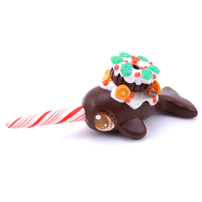 Christmas Pudding/Bundt Cake Narwhal Figurine - Polymer Clay Christmas Animals