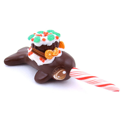 Christmas Pudding/Bundt Cake Narwhal Figurine - Polymer Clay Christmas Animals