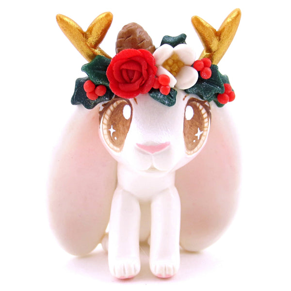 White Christmas Flower Crown Jackalope Bunny Figurine - Polymer Clay Christmas Animals