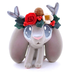 Grey Christmas Flower Crown Jackalope Bunny Figurine - Polymer Clay Christmas Animals