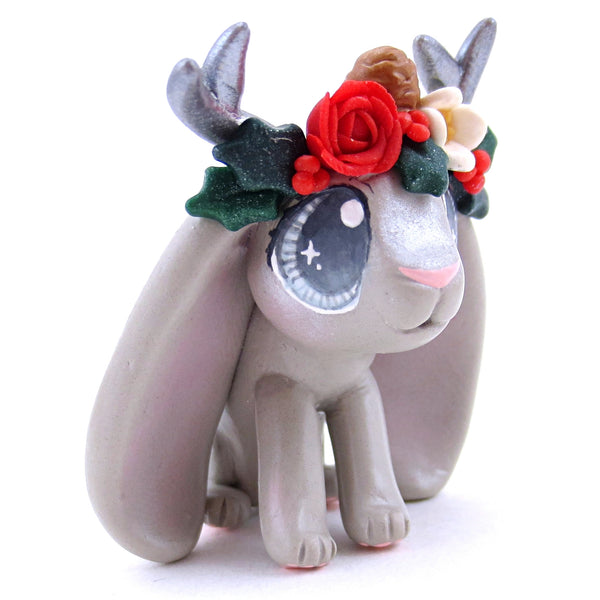 Grey Christmas Flower Crown Jackalope Bunny Figurine - Polymer Clay Christmas Animals