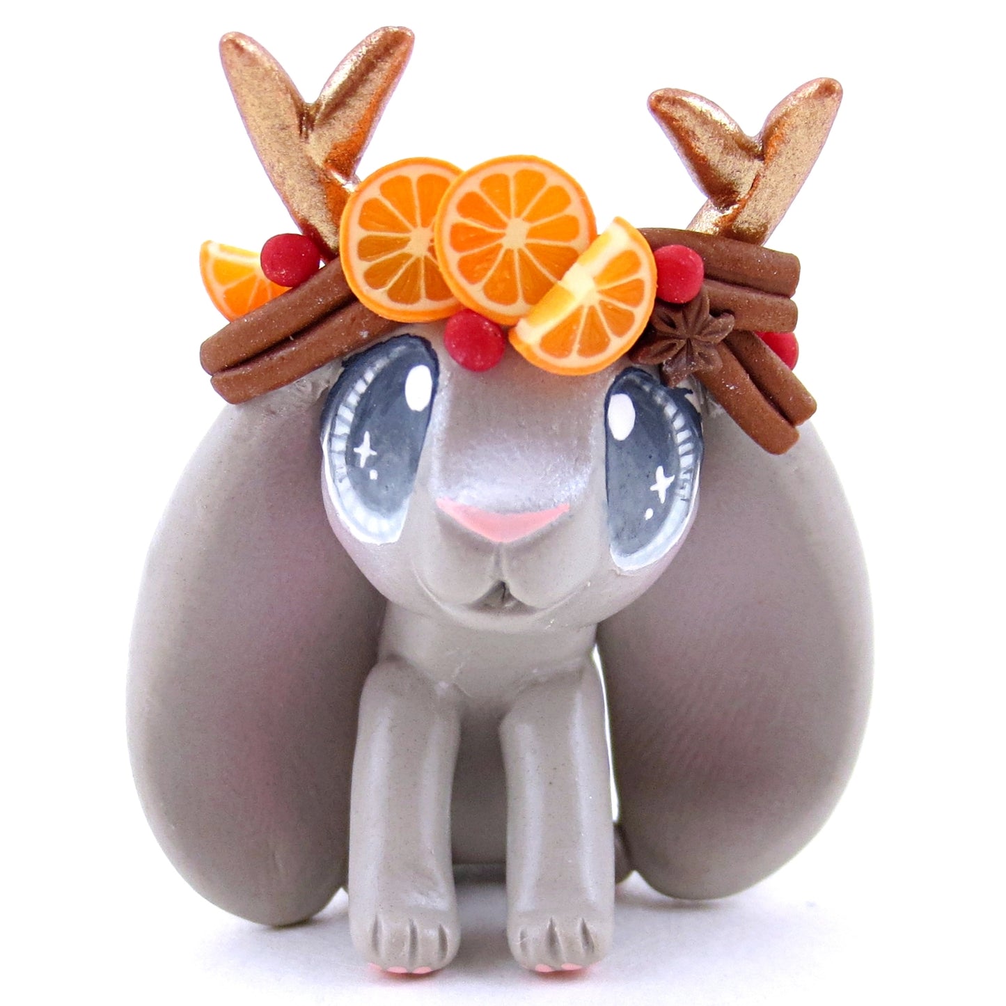 Grey Christmas Cinnamon Cranberry Orange Jackalope Bunny Figurine - Polymer Clay Christmas Animals