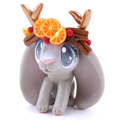 Grey Christmas Cinnamon Cranberry Orange Jackalope Bunny Figurine - Polymer Clay Christmas Animals