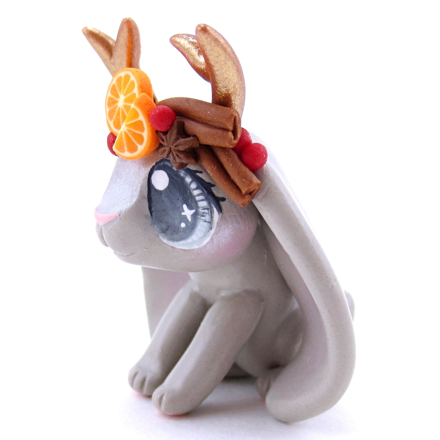 Grey Christmas Cinnamon Cranberry Orange Jackalope Bunny Figurine - Polymer Clay Christmas Animals