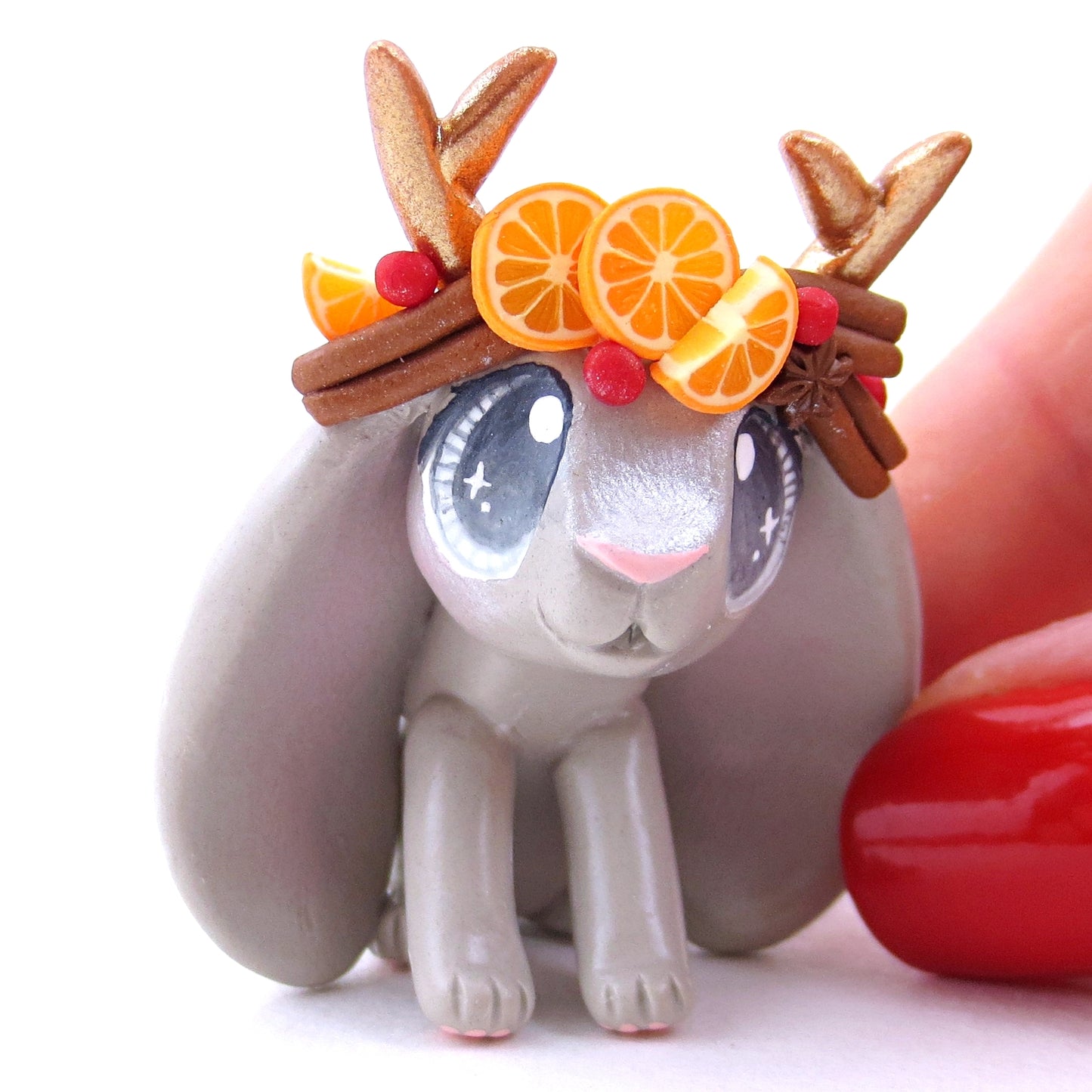 Grey Christmas Cinnamon Cranberry Orange Jackalope Bunny Figurine - Polymer Clay Christmas Animals