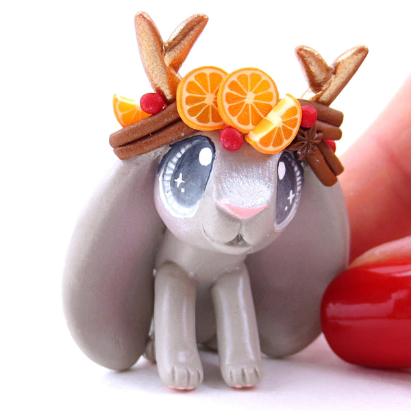 Grey Christmas Cinnamon Cranberry Orange Jackalope Bunny Figurine - Polymer Clay Christmas Animals