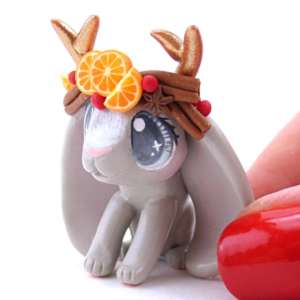 Grey Christmas Cinnamon Cranberry Orange Jackalope Bunny Figurine - Polymer Clay Christmas Animals