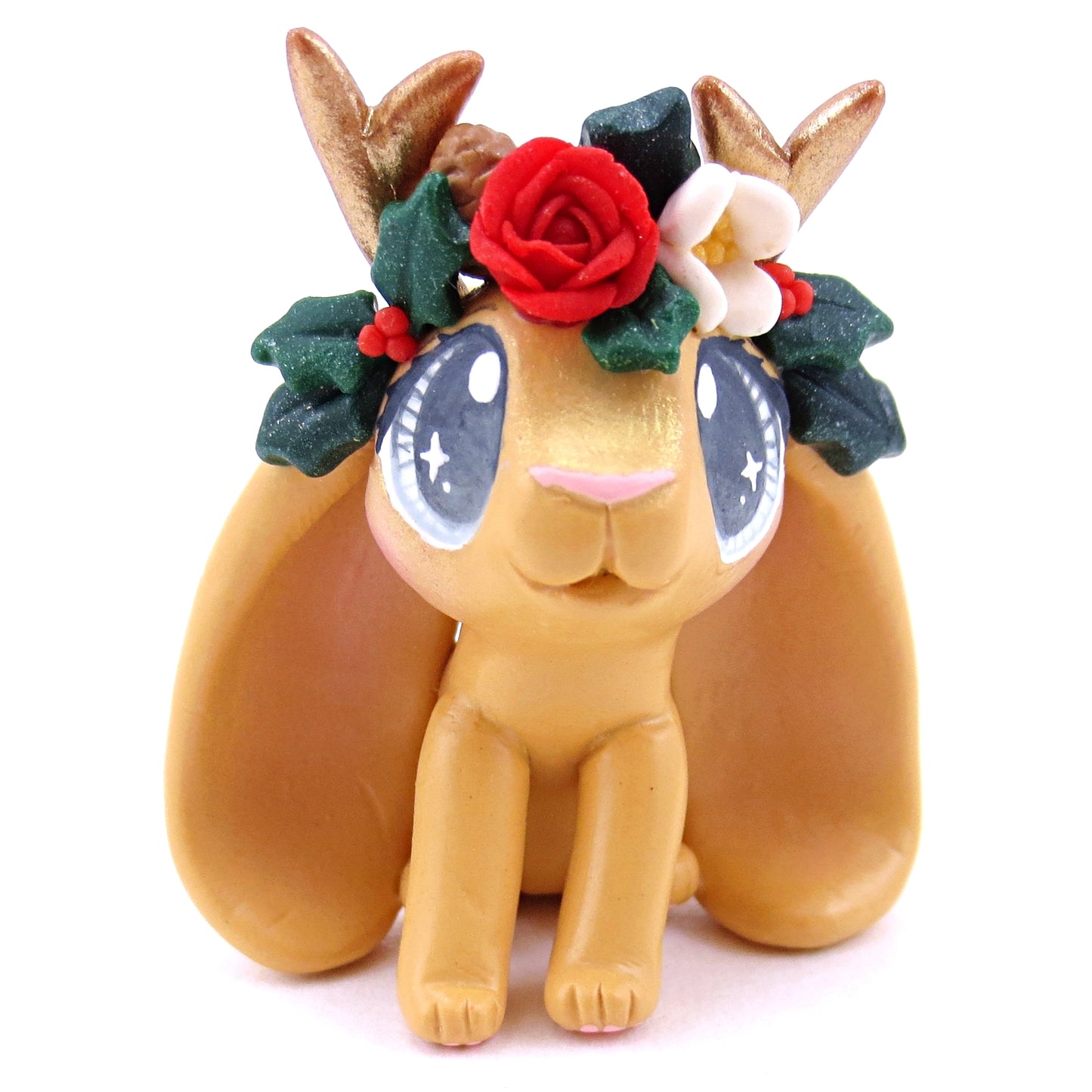 Ginger Orange Christmas Flower Crown Jackalope Bunny Figurine - Polymer Clay Christmas Animals