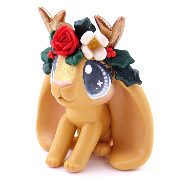 Ginger Orange Christmas Flower Crown Jackalope Bunny Figurine - Polymer Clay Christmas Animals