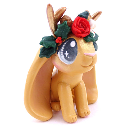 Ginger Orange Christmas Flower Crown Jackalope Bunny Figurine - Polymer Clay Christmas Animals