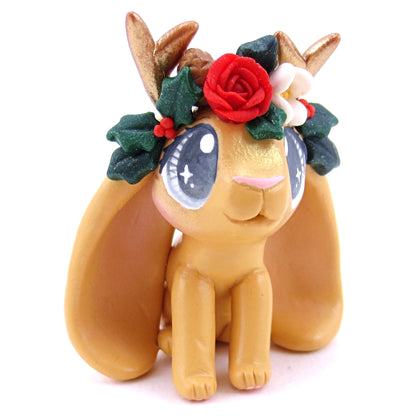 Ginger Orange Christmas Flower Crown Jackalope Bunny Figurine - Polymer Clay Christmas Animals