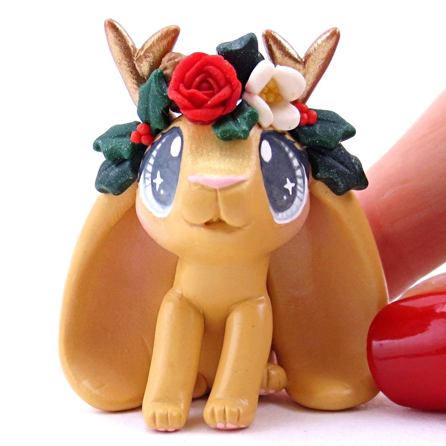 Ginger Orange Christmas Flower Crown Jackalope Bunny Figurine - Polymer Clay Christmas Animals