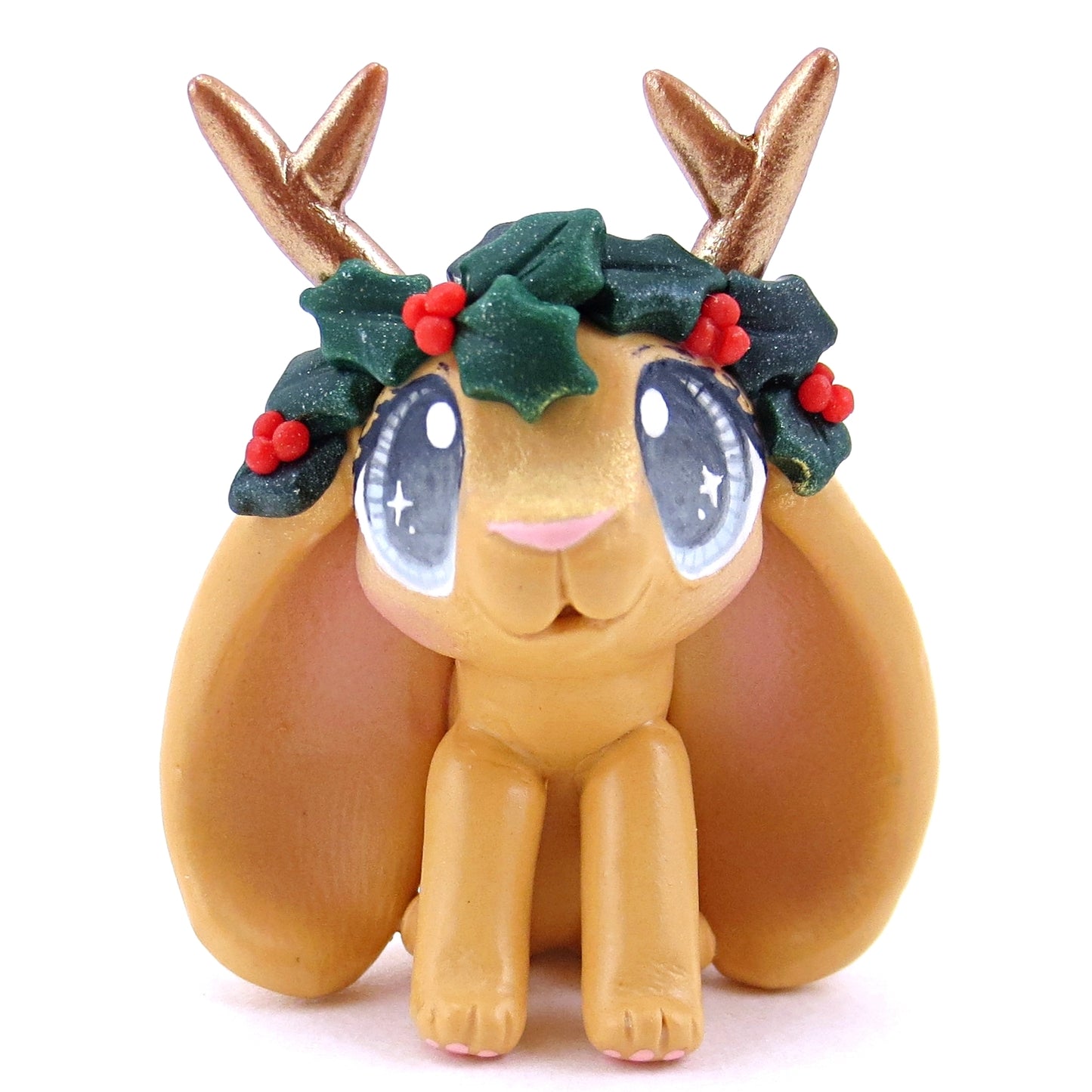 Ginger Orange Holly Crown Jackalope Bunny Figurine - Polymer Clay Christmas Animals