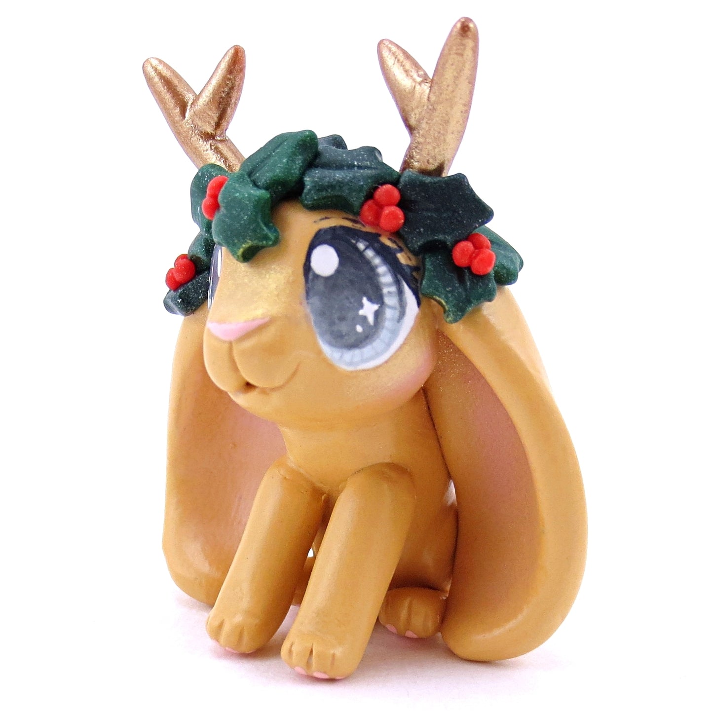 Ginger Orange Holly Crown Jackalope Bunny Figurine - Polymer Clay Christmas Animals