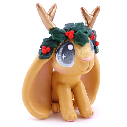 Ginger Orange Holly Crown Jackalope Bunny Figurine - Polymer Clay Christmas Animals