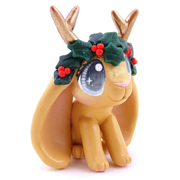 Ginger Orange Holly Crown Jackalope Bunny Figurine - Polymer Clay Christmas Animals