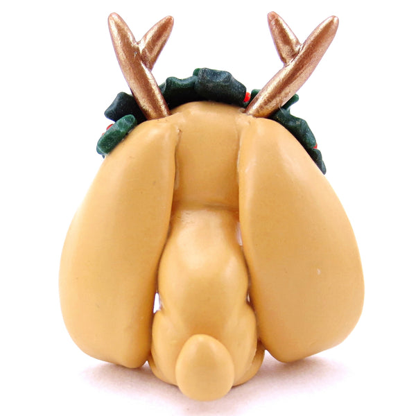 Ginger Orange Holly Crown Jackalope Bunny Figurine - Polymer Clay Christmas Animals