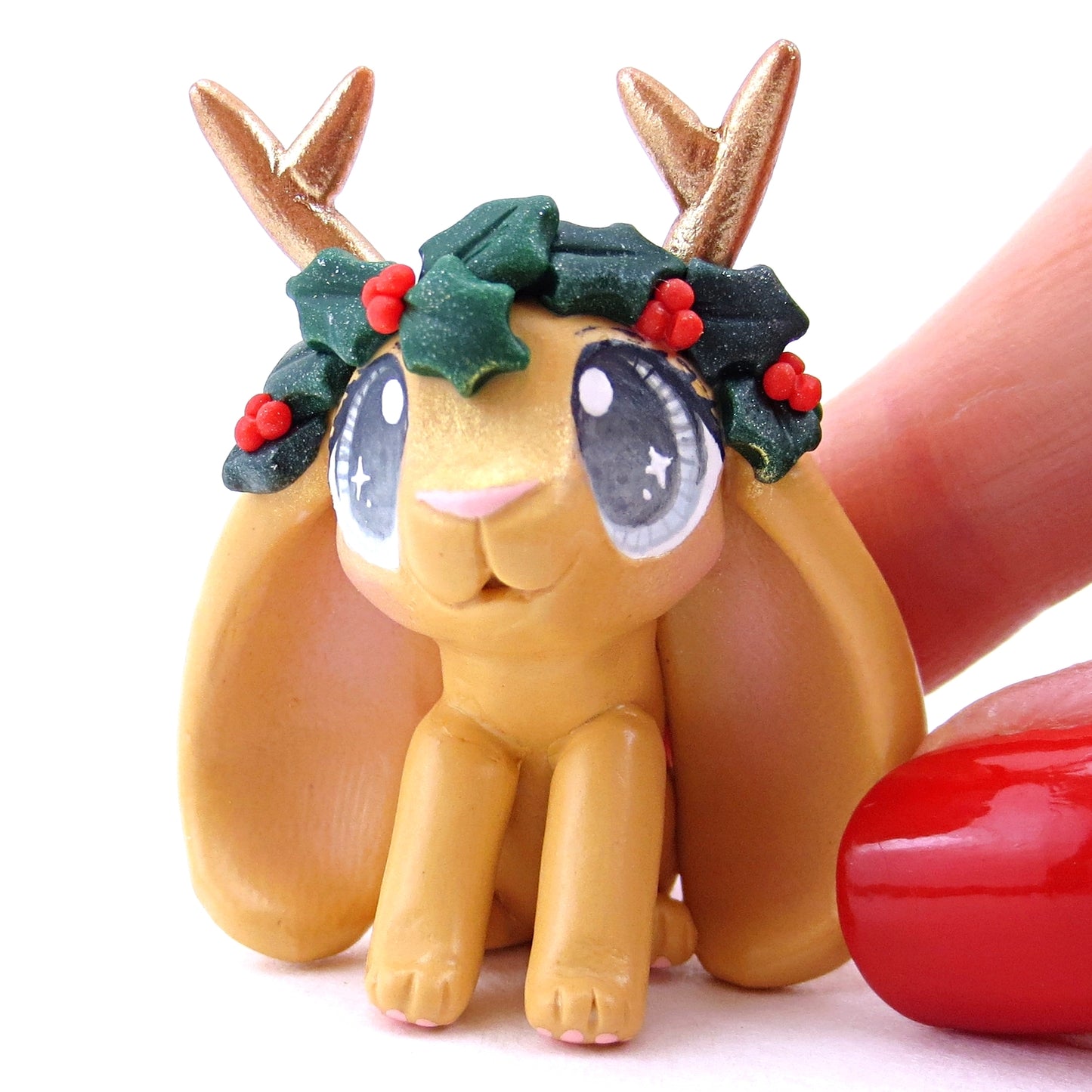 Ginger Orange Holly Crown Jackalope Bunny Figurine - Polymer Clay Christmas Animals