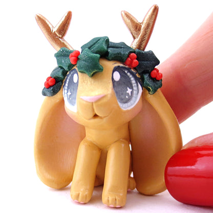 Ginger Orange Holly Crown Jackalope Bunny Figurine - Polymer Clay Christmas Animals