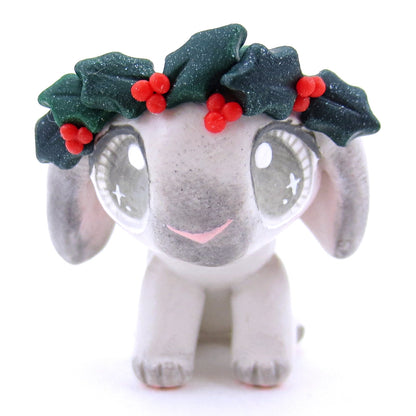 Holly Crown Grey Holland Lop Bunny Figurine - Polymer Clay Christmas Animals