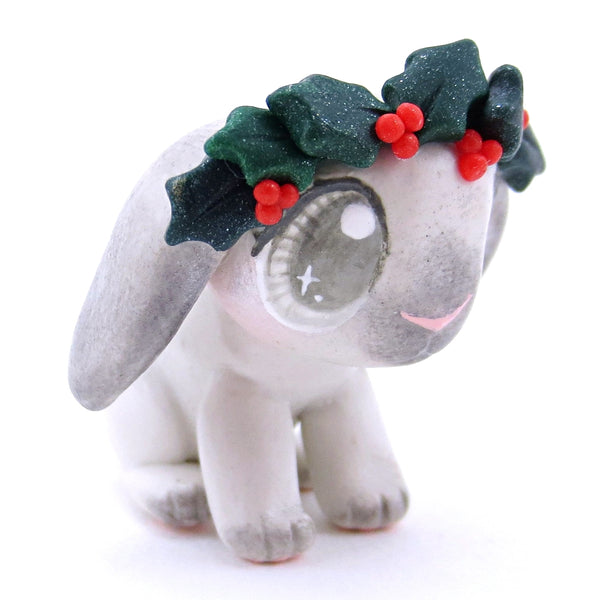 Holly Crown Grey Holland Lop Bunny Figurine - Polymer Clay Christmas Animals