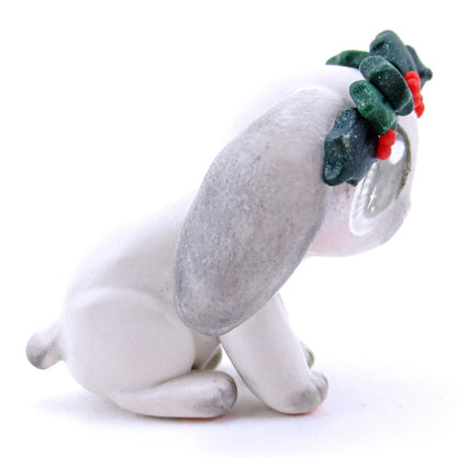 Holly Crown Grey Holland Lop Bunny Figurine - Polymer Clay Christmas Animals