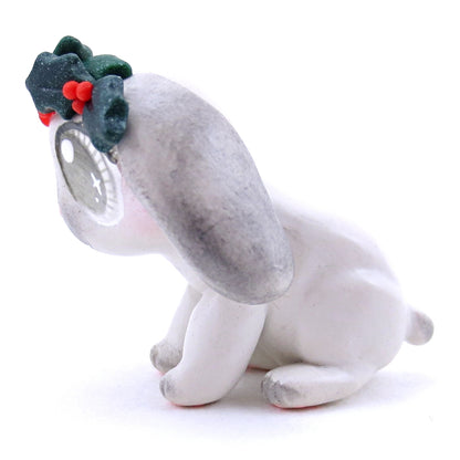 Holly Crown Grey Holland Lop Bunny Figurine - Polymer Clay Christmas Animals