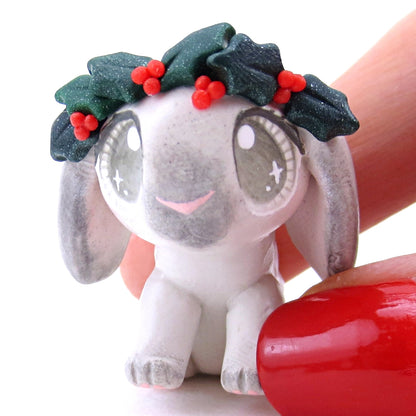 Holly Crown Grey Holland Lop Bunny Figurine - Polymer Clay Christmas Animals