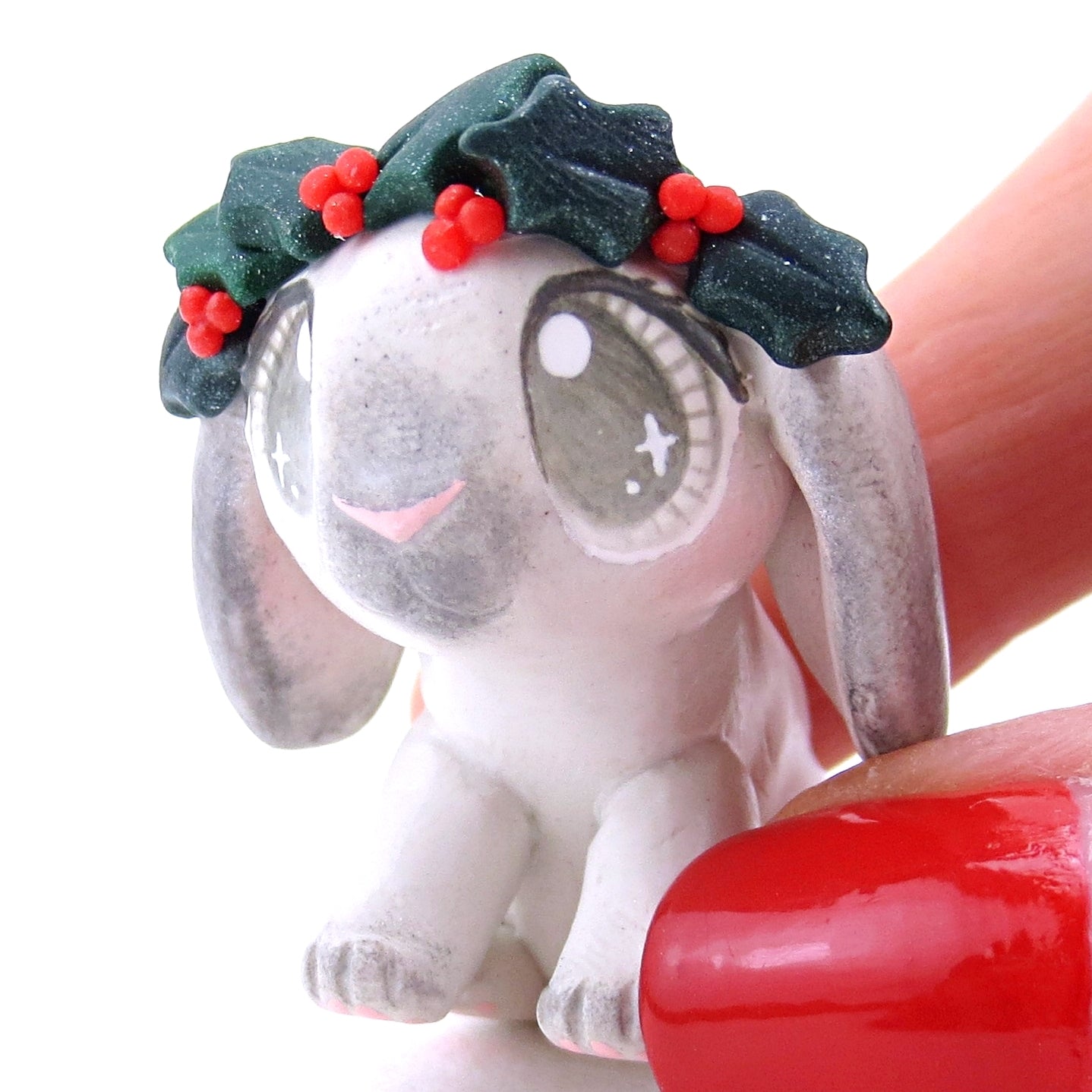 Holly Crown Grey Holland Lop Bunny Figurine - Polymer Clay Christmas Animals