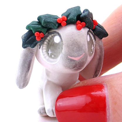 Holly Crown Grey Holland Lop Bunny Figurine - Polymer Clay Christmas Animals