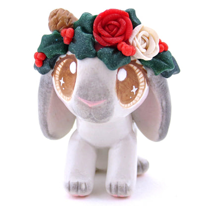 Christmas Flower Crown Grey Holland Lop Bunny Figurine - Polymer Clay Christmas Animals