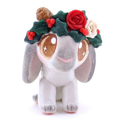 Christmas Flower Crown Grey Holland Lop Bunny Figurine - Polymer Clay Christmas Animals