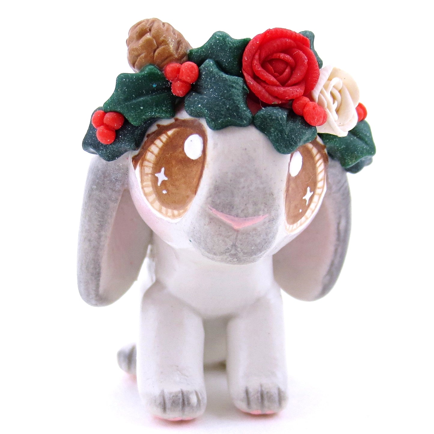 Christmas Flower Crown Grey Holland Lop Bunny Figurine - Polymer Clay Christmas Animals