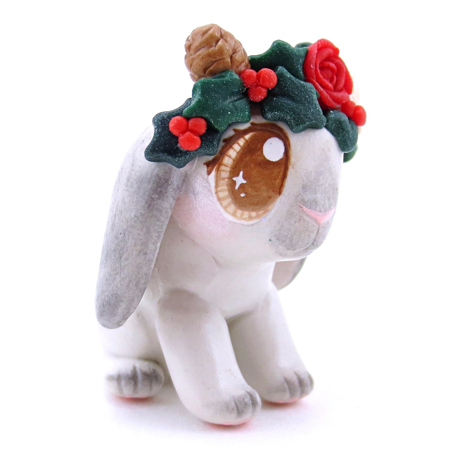 Christmas Flower Crown Grey Holland Lop Bunny Figurine - Polymer Clay Christmas Animals