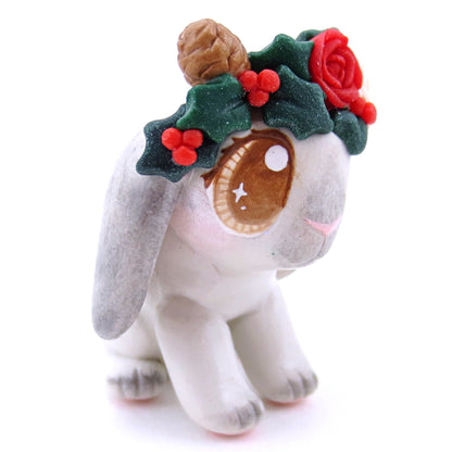 Christmas Flower Crown Grey Holland Lop Bunny Figurine - Polymer Clay Christmas Animals