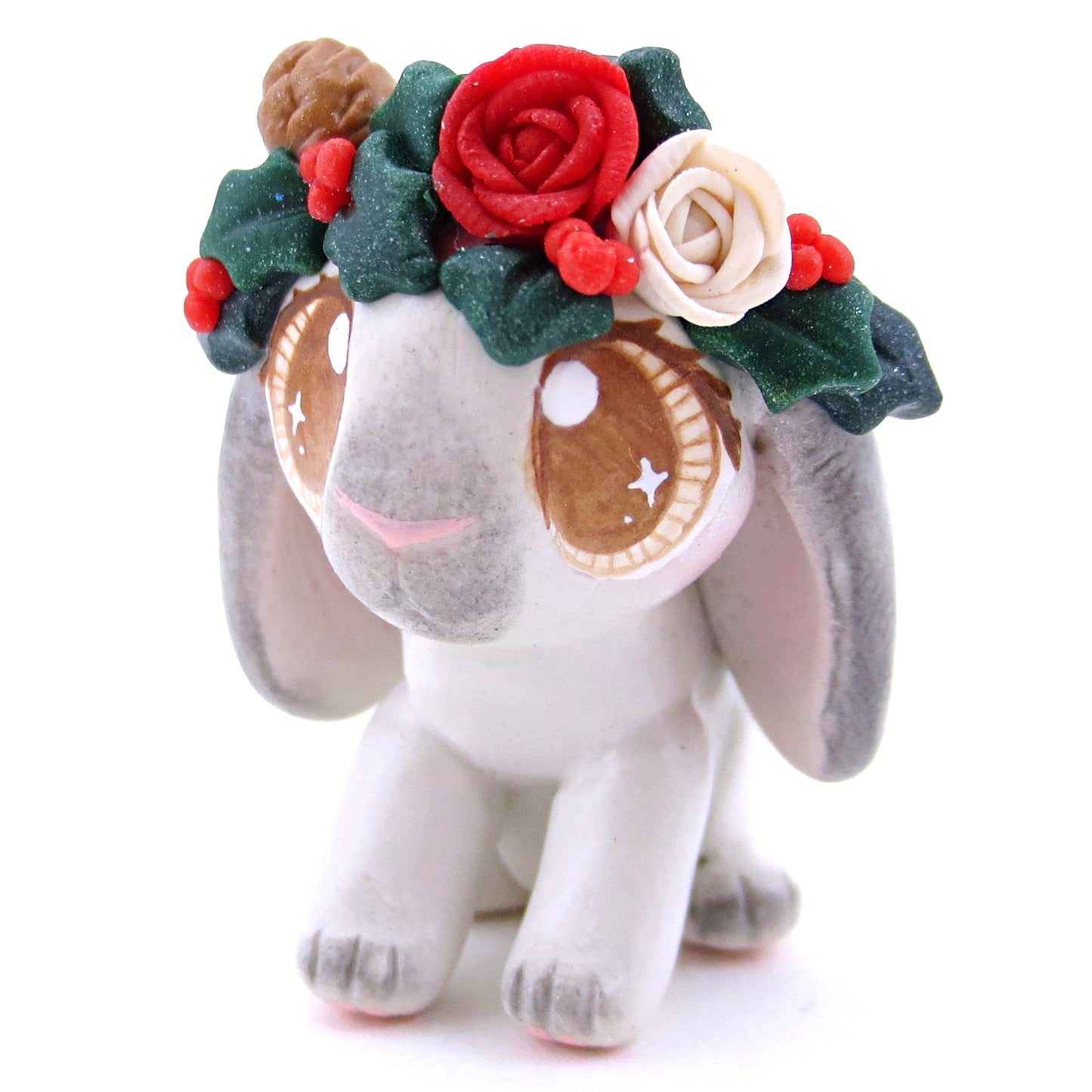 Christmas Flower Crown Grey Holland Lop Bunny Figurine - Polymer Clay Christmas Animals