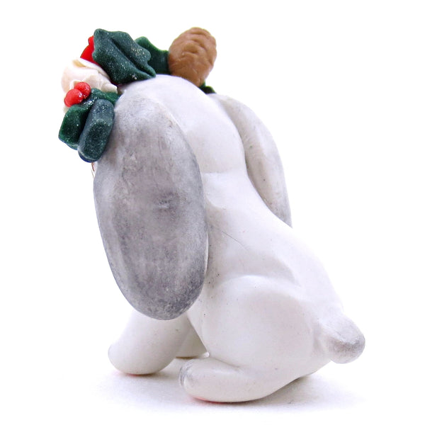 Christmas Flower Crown Grey Holland Lop Bunny Figurine - Polymer Clay Christmas Animals