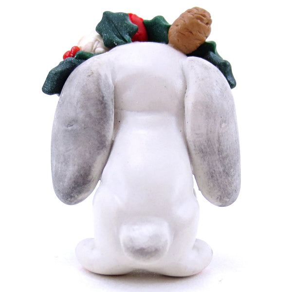 Christmas Flower Crown Grey Holland Lop Bunny Figurine - Polymer Clay Christmas Animals