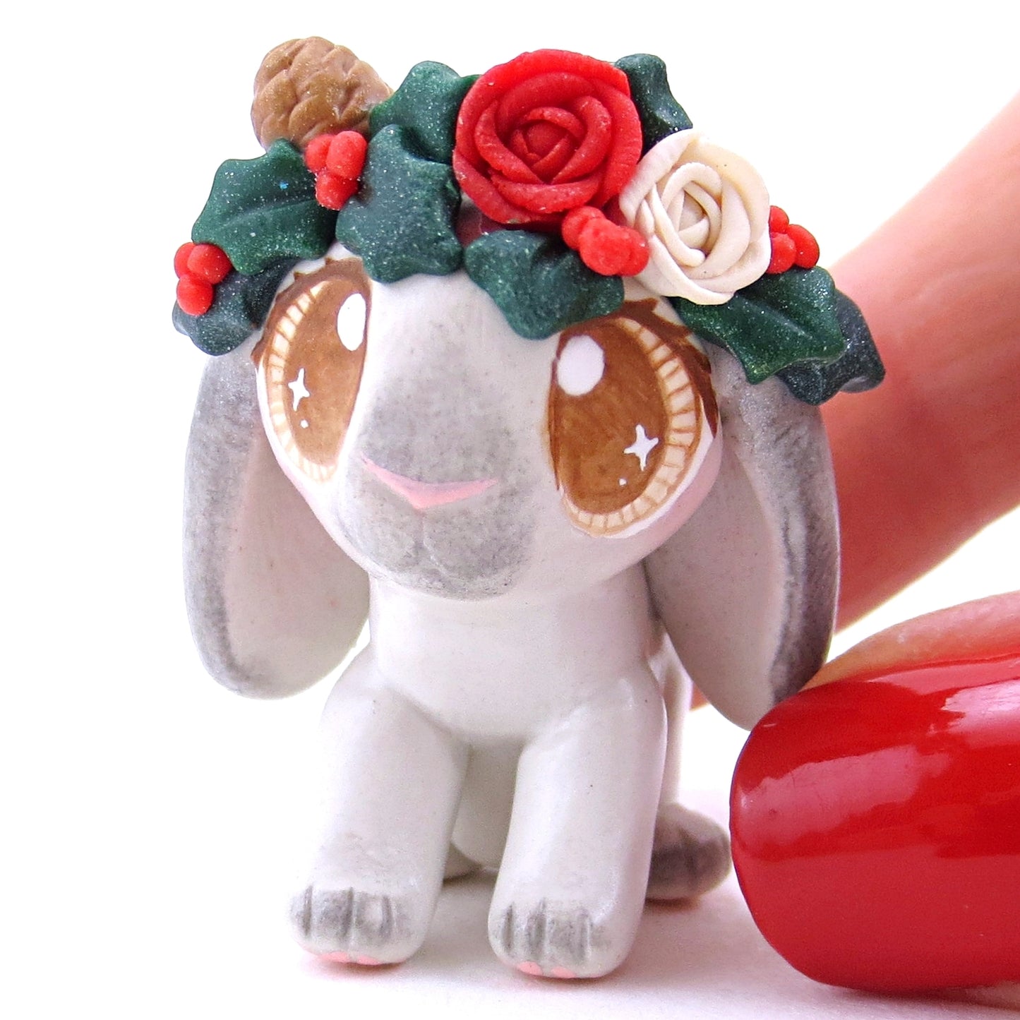 Christmas Flower Crown Grey Holland Lop Bunny Figurine - Polymer Clay Christmas Animals