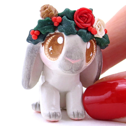 Christmas Flower Crown Grey Holland Lop Bunny Figurine - Polymer Clay Christmas Animals